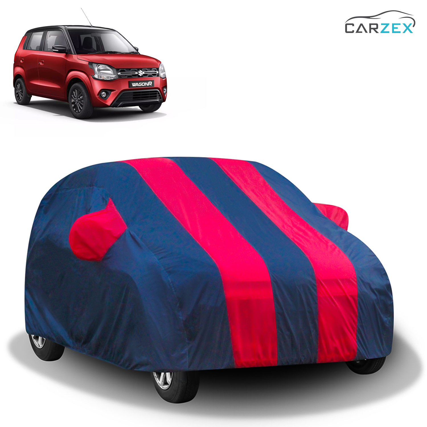 Carzex Stylish Red & Blue Stripes Car Body Cover with Mirror Pockets for Maruti Suzuki New Wagon R New